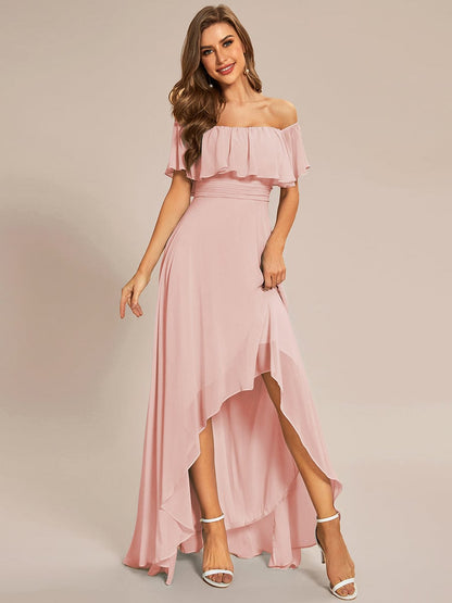 Elegant Chiffon High-Low Off The Shoulder Bridesmaid Dress #color_Pink