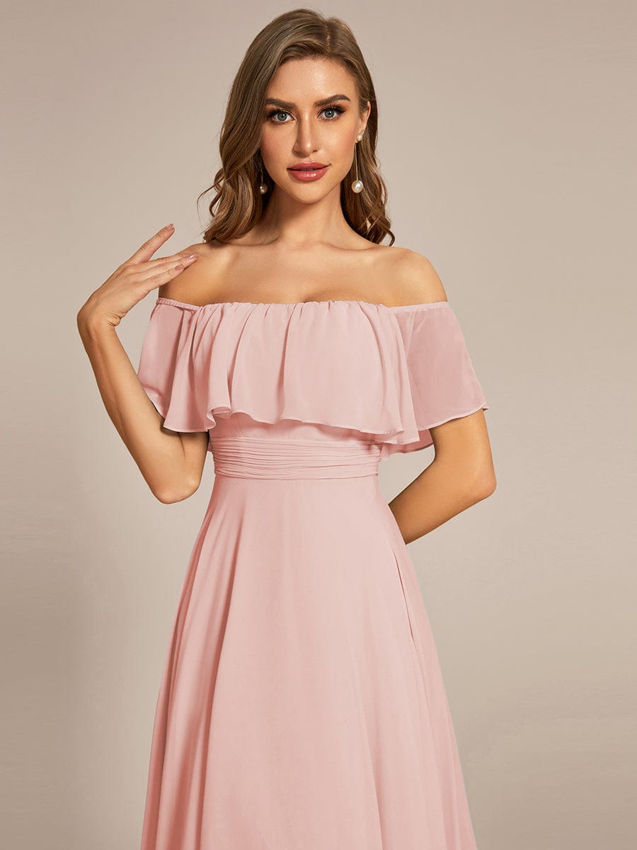 Elegant Chiffon High-Low Off The Shoulder Bridesmaid Dress #color_Pink