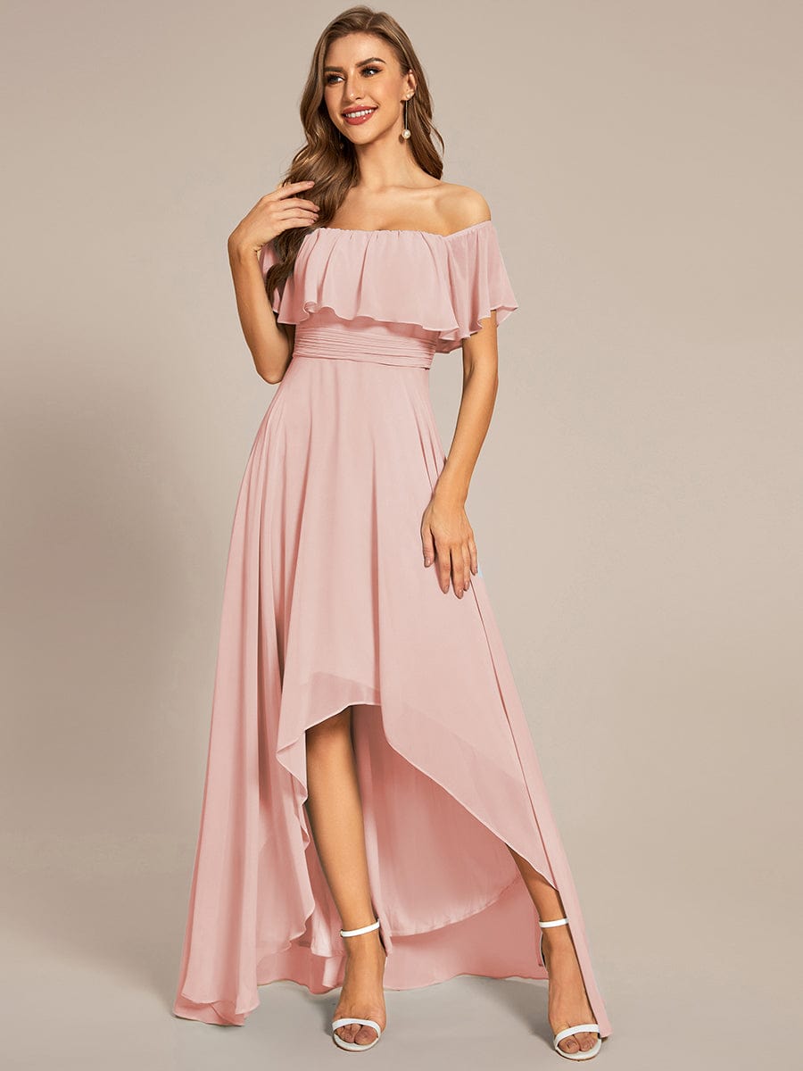 Elegant Chiffon High-Low Off The Shoulder Bridesmaid Dress #color_Pink