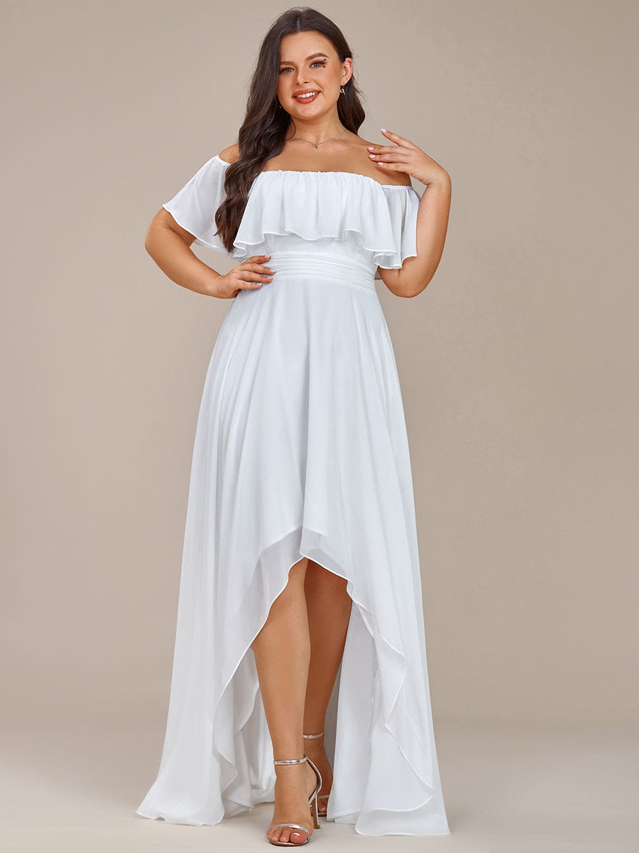 Elegant Chiffon High-Low Off The Shoulder Bridesmaid Dress #color_White