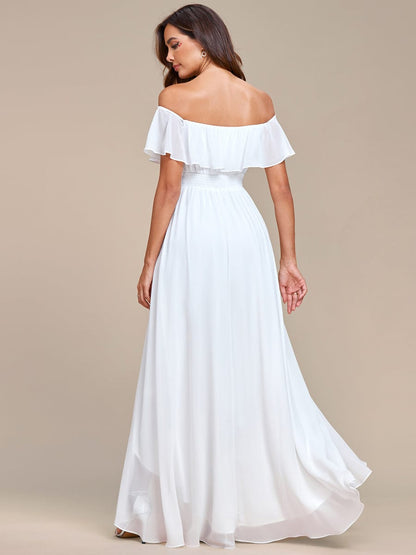 Elegant Chiffon High-Low Off The Shoulder Bridesmaid Dress #color_White