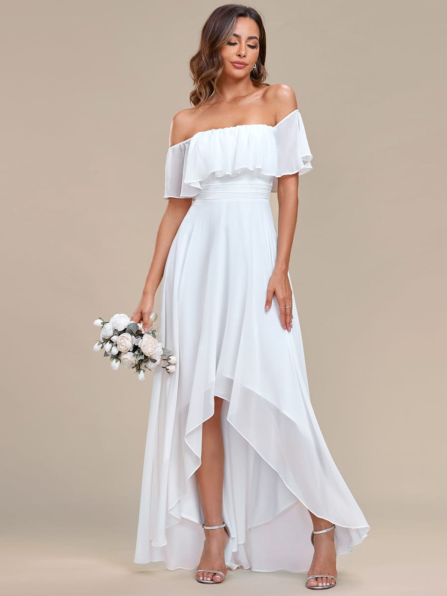 Elegant Chiffon High-Low Off The Shoulder Bridesmaid Dress #color_White