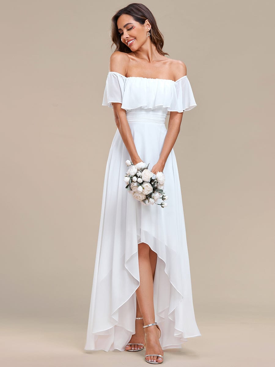 Elegant Chiffon High-Low Off The Shoulder Bridesmaid Dress #color_White