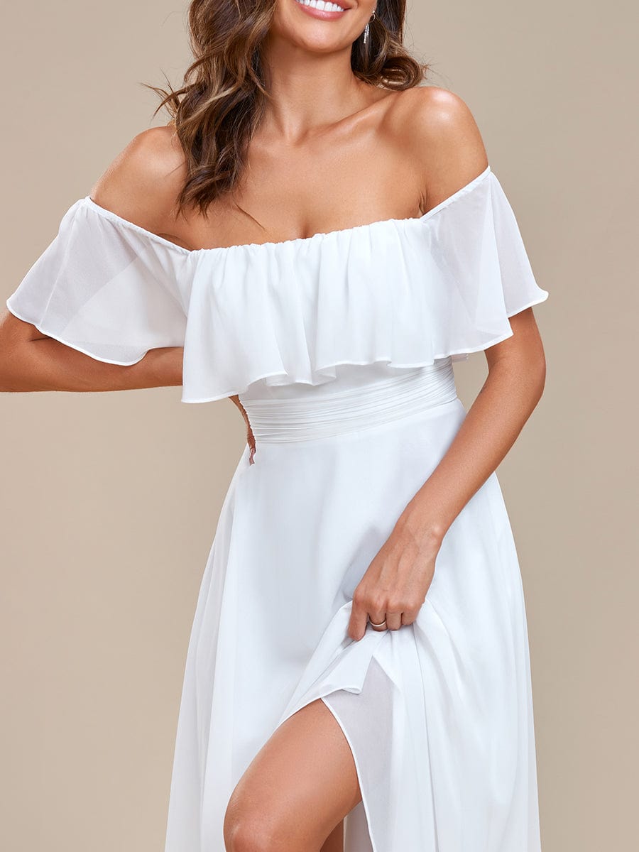 Elegant Chiffon High-Low Off The Shoulder Bridesmaid Dress #color_White