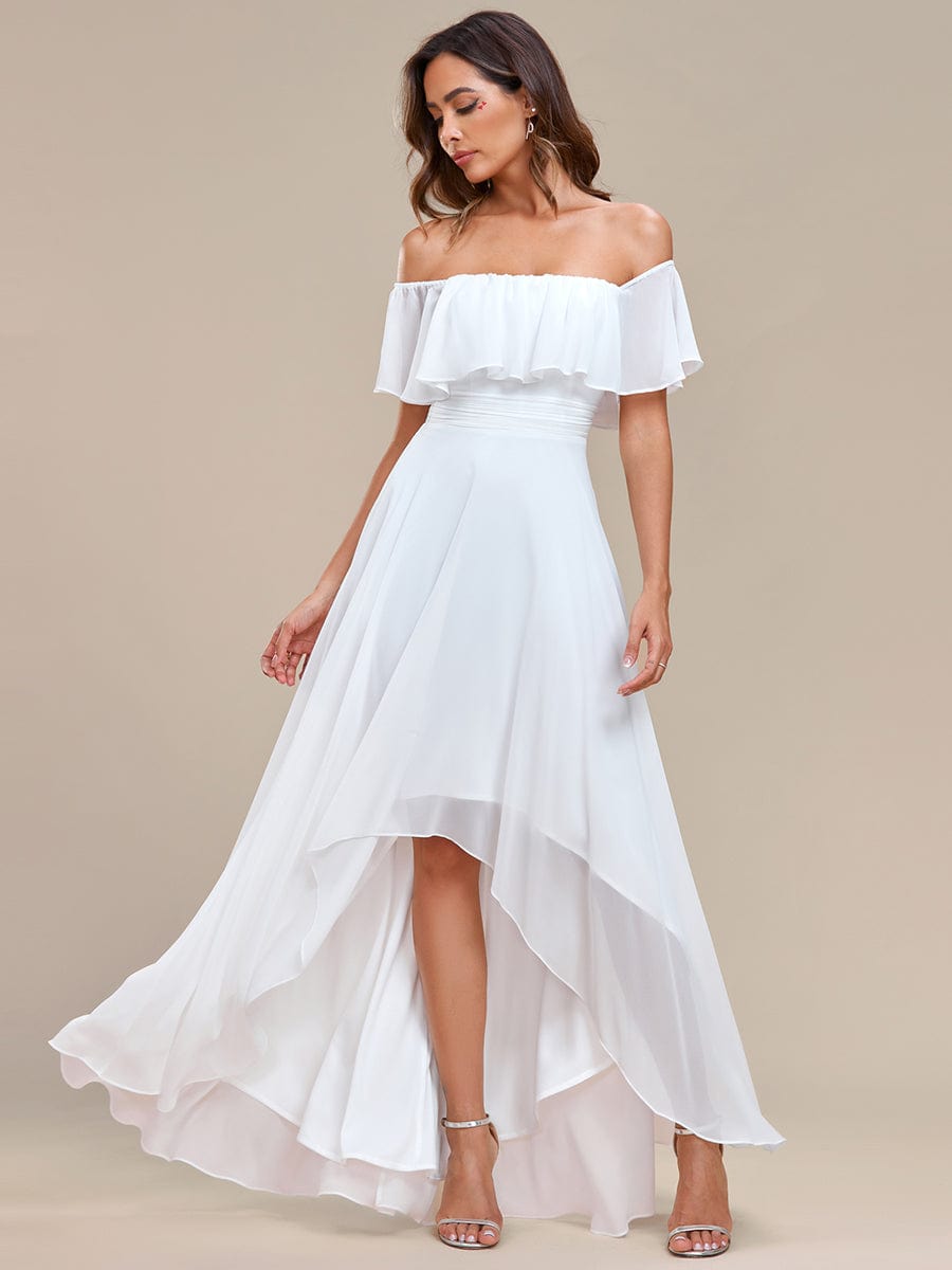 Elegant Chiffon High-Low Off The Shoulder Bridesmaid Dress #color_White