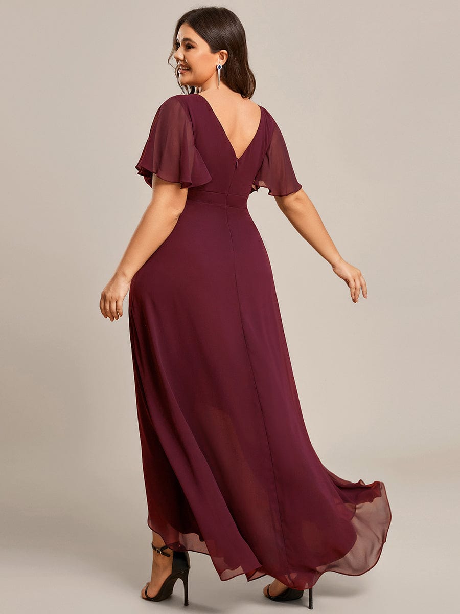 Plus Size Elegant Lotus Sleeves Chiffon Bridesmaid Dress #color_Burgundy