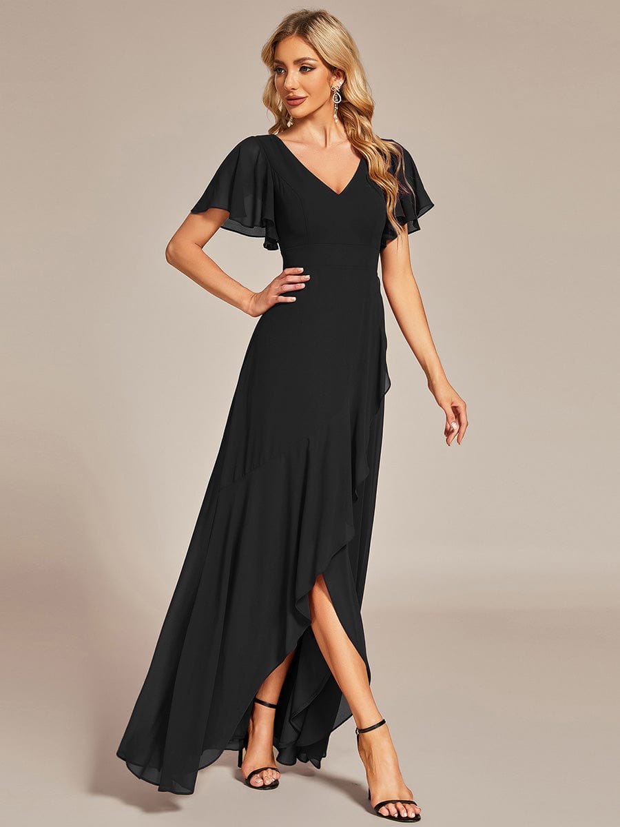 Charming Chiffon Bridesmaid Dress with Lotus Leaf Hemline #color_Black