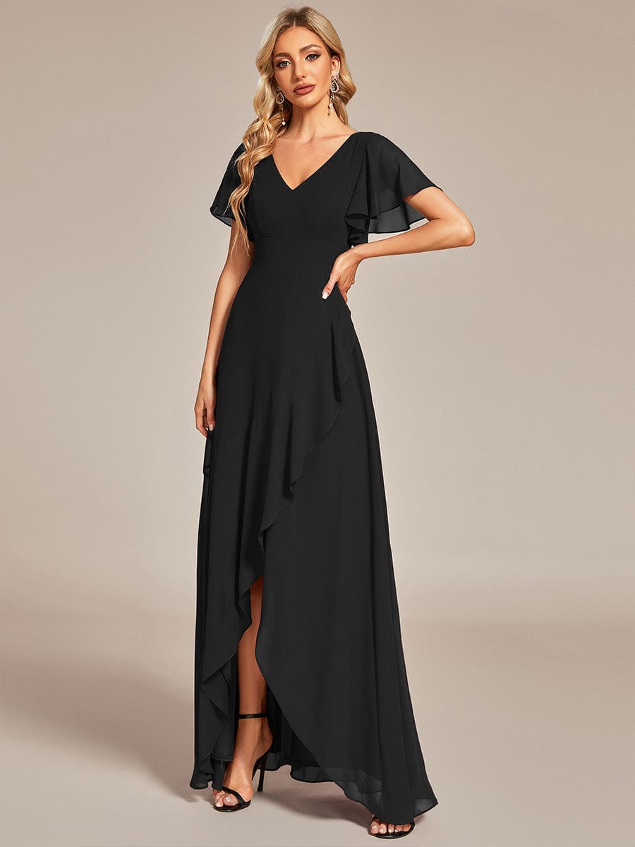 Charming Chiffon Bridesmaid Dress with Lotus Leaf Hemline #color_Black