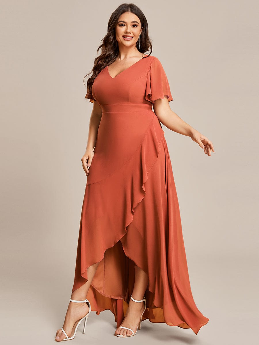 Plus Size Elegant Lotus Sleeves Chiffon Bridesmaid Dress #color_Burnt Orange