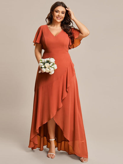 Plus Size Elegant Lotus Sleeves Chiffon Bridesmaid Dress #color_Burnt Orange