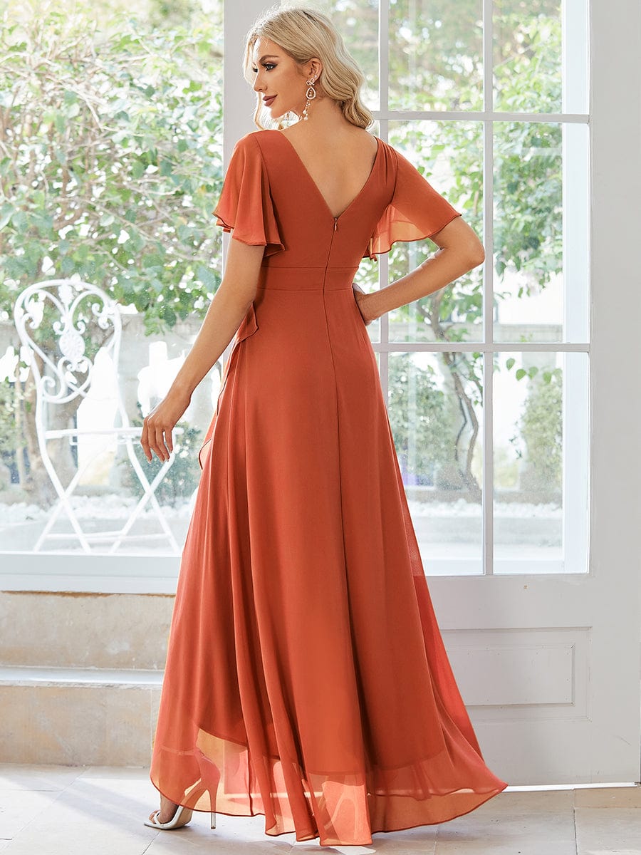 Stunning Chiffon Lotus Hemline Ruffles Sleeve Bridesmaid Dress #color_Burnt Orange