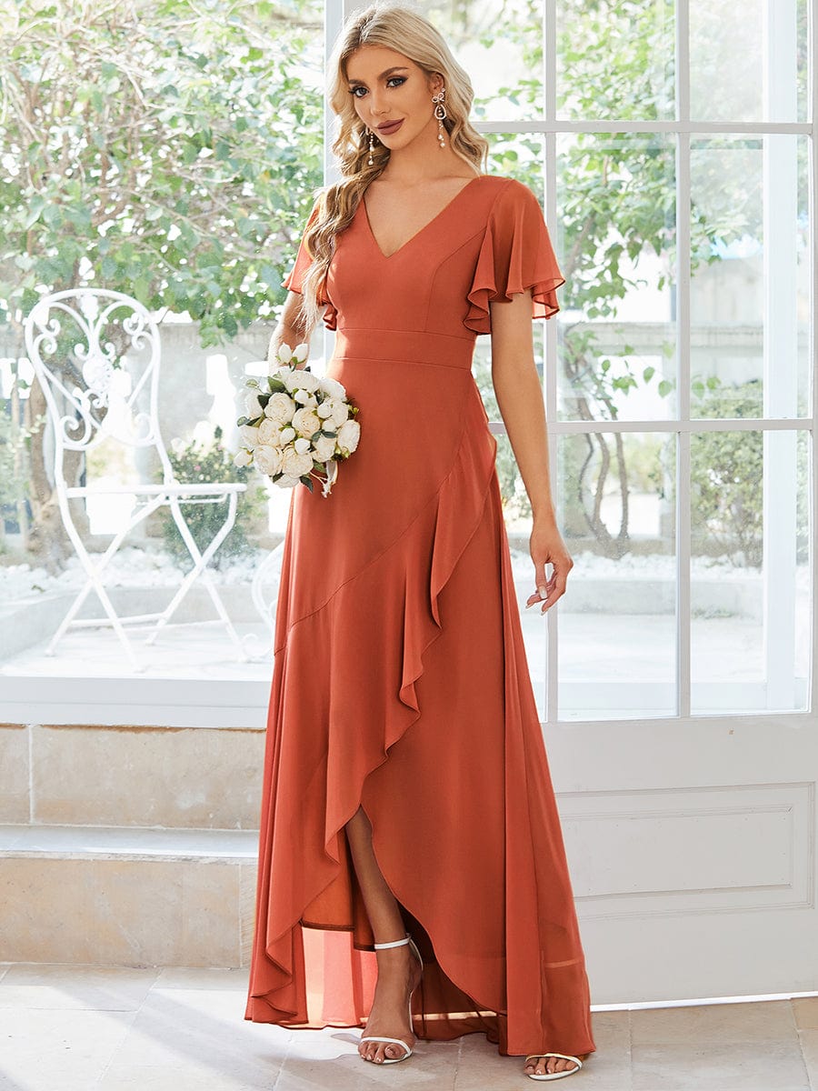 Stunning Chiffon Lotus Hemline Ruffles Sleeve Bridesmaid Dress #color_Burnt Orange