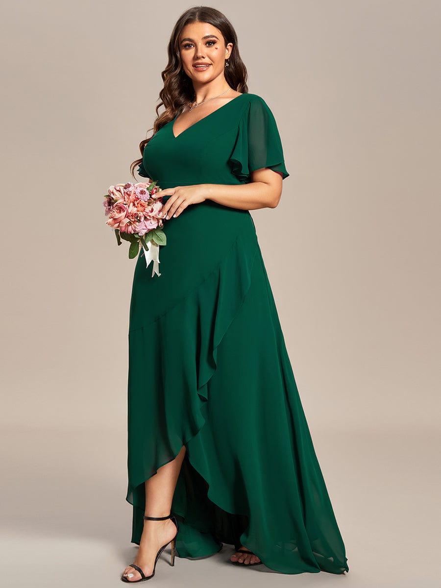 Plus Size Elegant Lotus Sleeves Chiffon Bridesmaid Dress #color_Dark Green