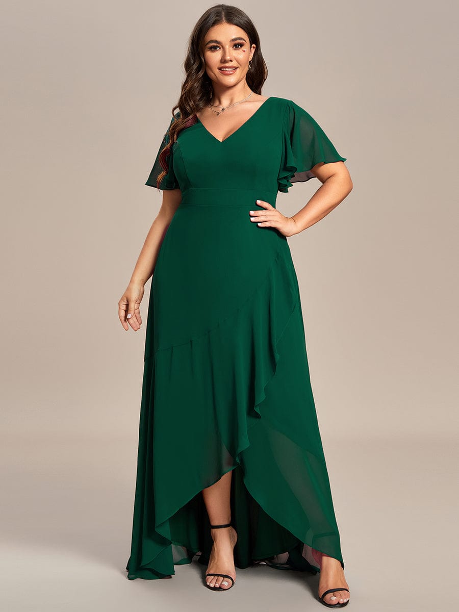 Plus Size Elegant Lotus Sleeves Chiffon Bridesmaid Dress #color_Dark Green