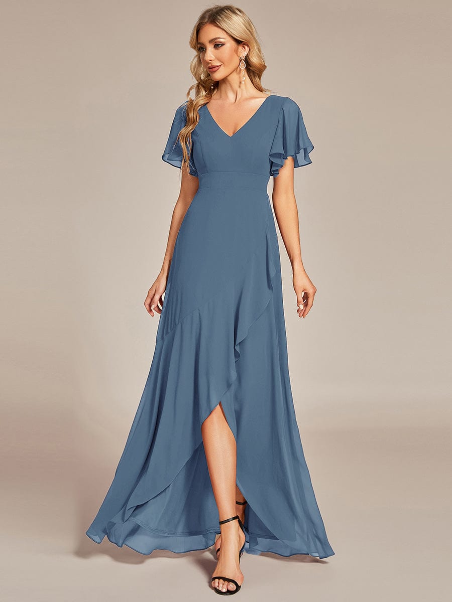 Charming Chiffon Bridesmaid Dress with Lotus Leaf Hemline #color_Dusty Navy