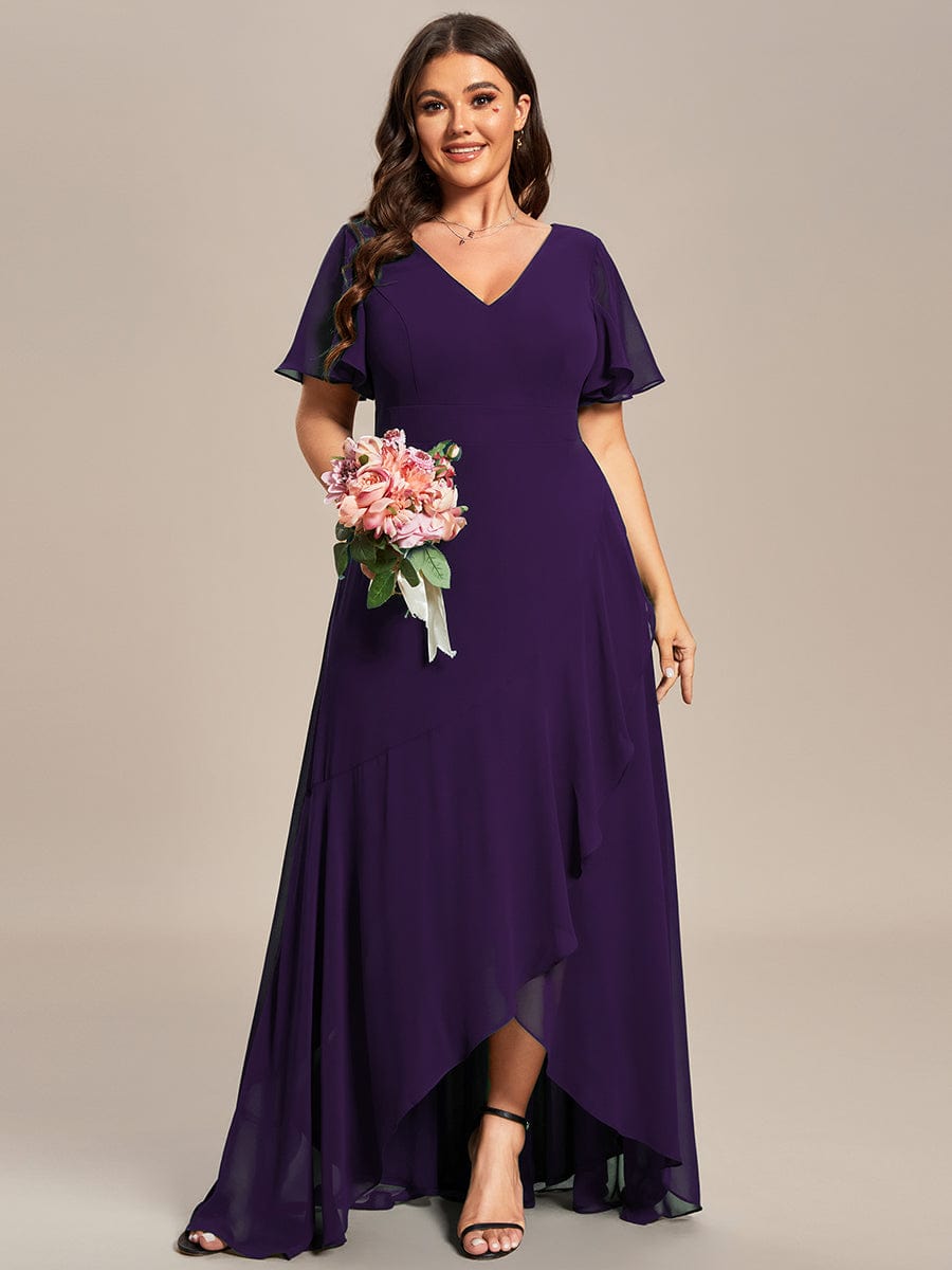 Stunning Chiffon Lotus Hemline Ruffles Sleeve Bridesmaid Dress #color_Dark Purple