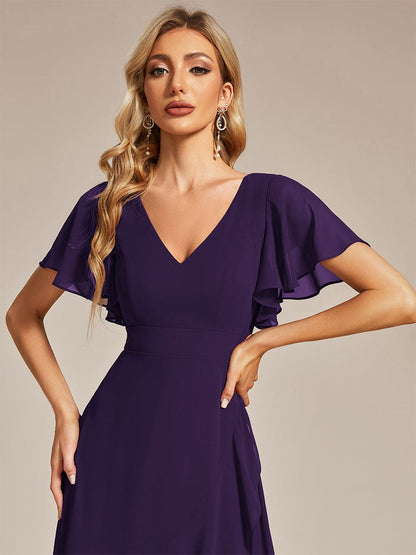 Stunning Chiffon Lotus Hemline Ruffles Sleeve Bridesmaid Dress #color_Dark Purple