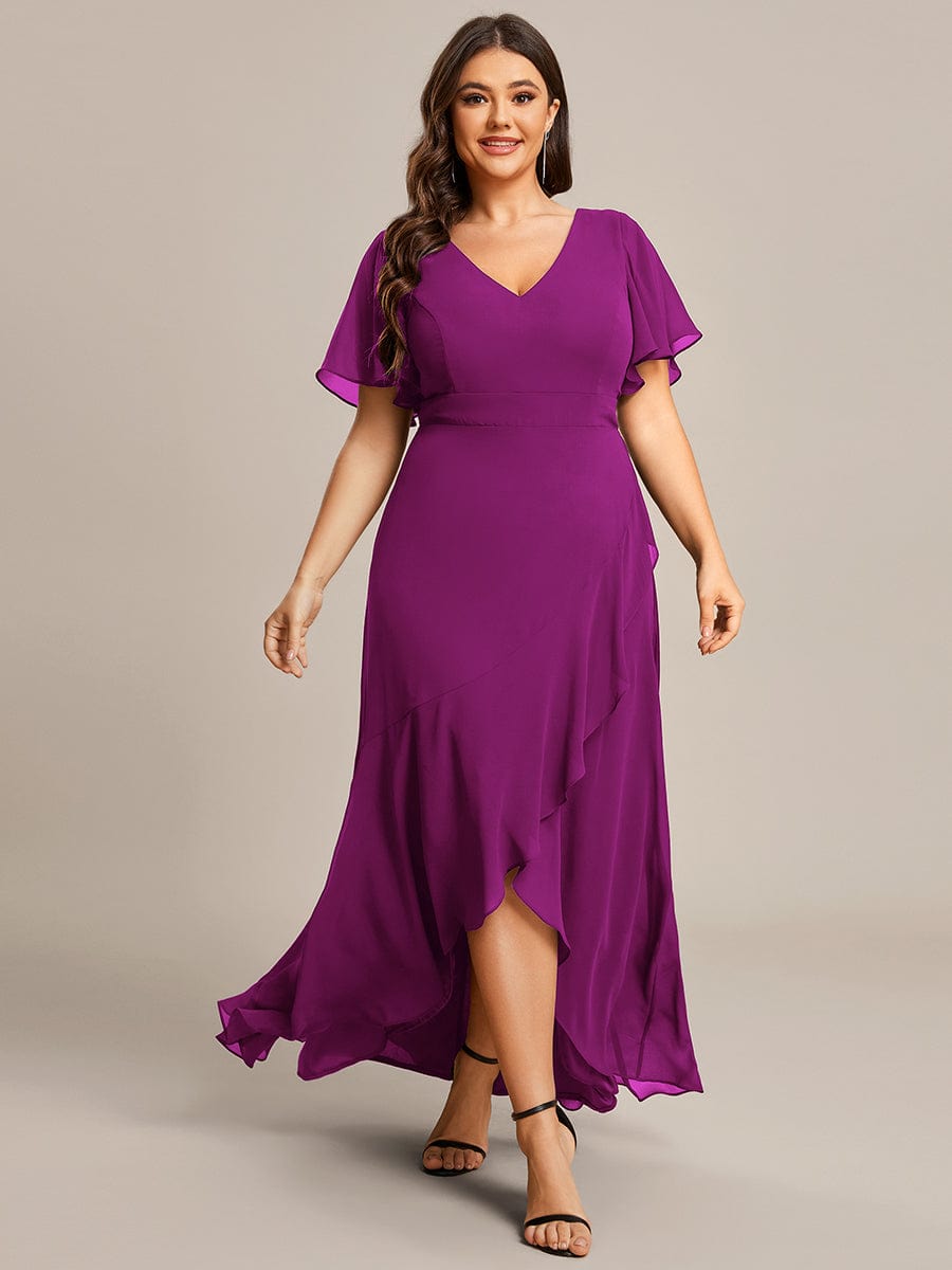 Stunning Chiffon Lotus Hemline Ruffles Sleeve Bridesmaid Dress #color_Fuchsia