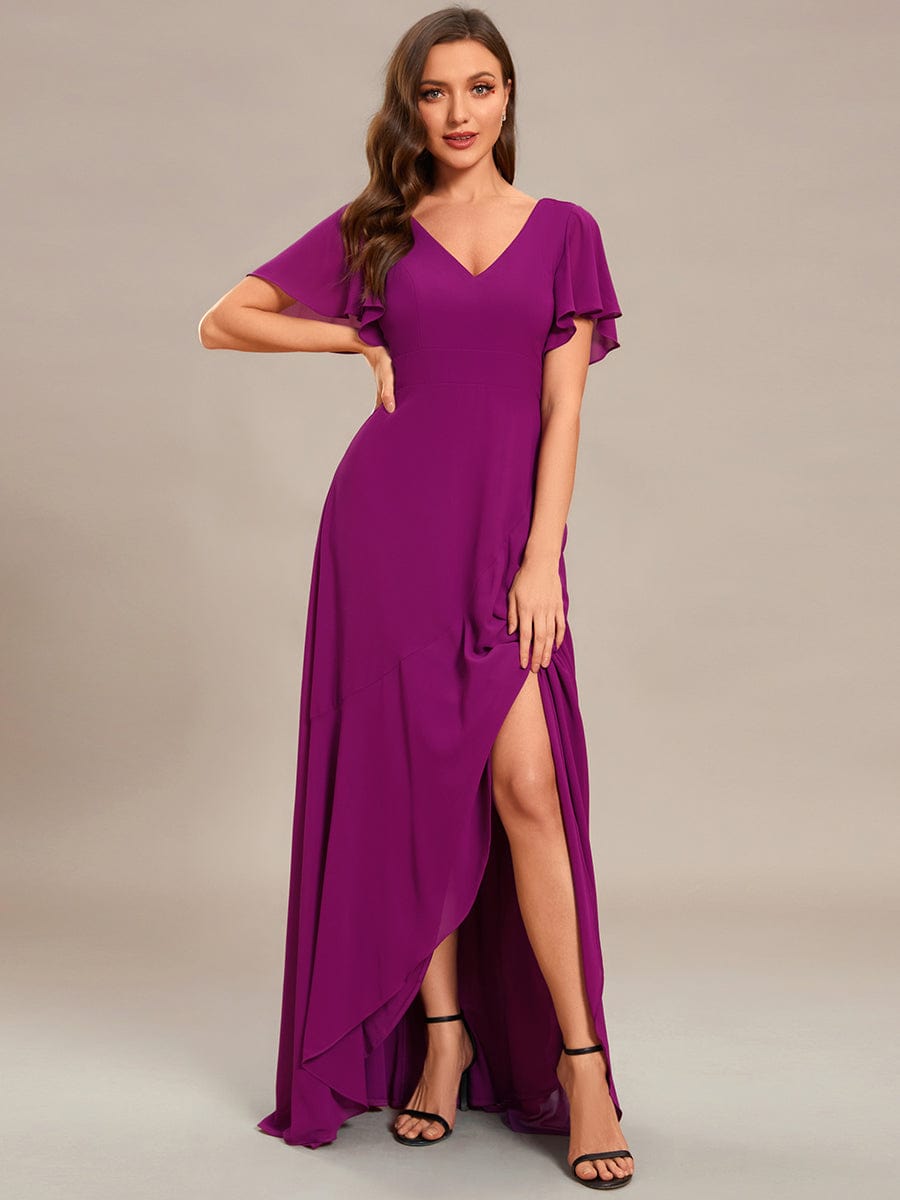 Stunning Chiffon Lotus Hemline Ruffles Sleeve Bridesmaid Dress #color_Fuchsia