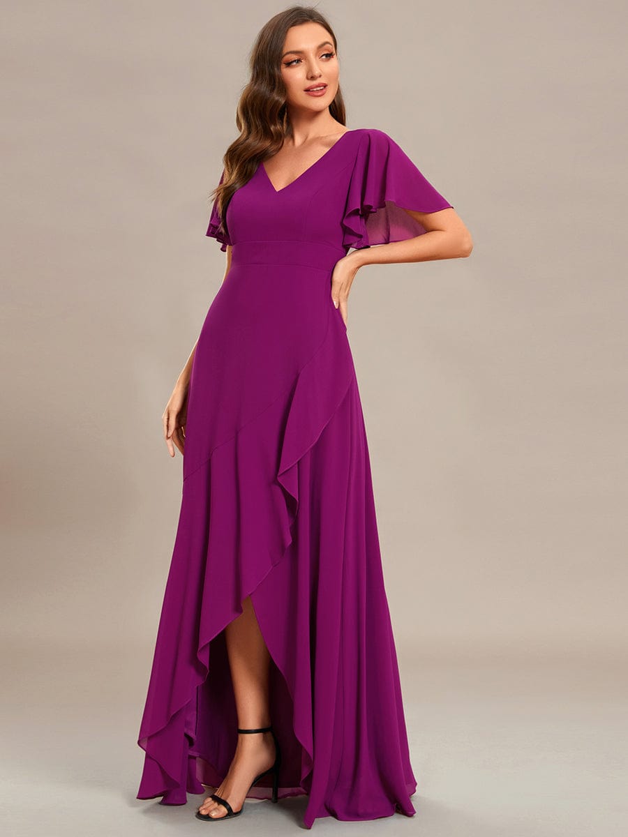 Stunning Chiffon Lotus Hemline Ruffles Sleeve Bridesmaid Dress #color_Fuchsia