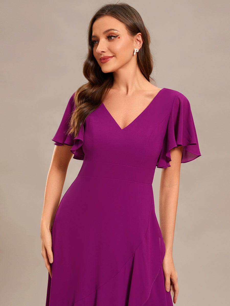 Stunning Chiffon Lotus Hemline Ruffles Sleeve Bridesmaid Dress #color_Fuchsia