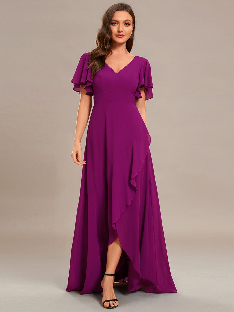 Stunning Chiffon Lotus Hemline Ruffles Sleeve Bridesmaid Dress #color_Fuchsia