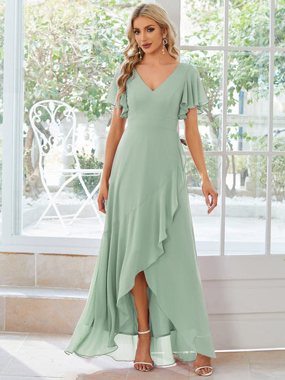 Stunning Chiffon Lotus Hemline Ruffles Sleeve Bridesmaid Dress #color_Mint Green