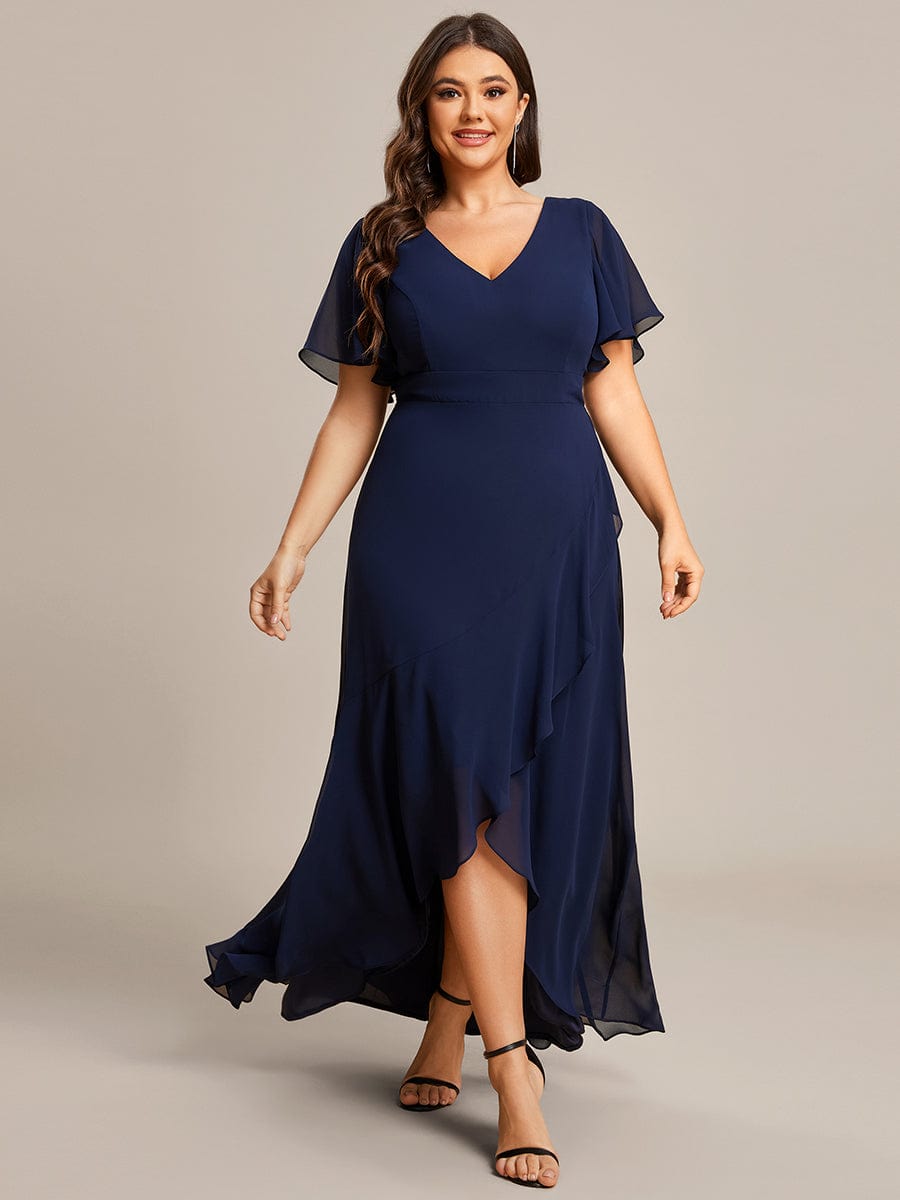 Plus Size Elegant Lotus Sleeves Chiffon Bridesmaid Dress #color_Navy Blue