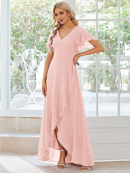 Custom Size Flowy Chiffon Ruffled Bridesmaid Dress #color_Pink