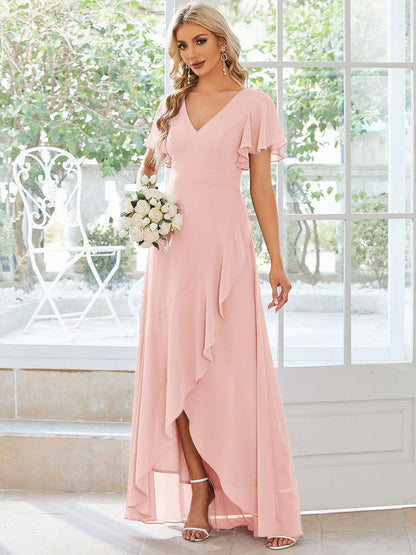 Custom Size Flowy Chiffon Ruffled Bridesmaid Dress #color_Pink