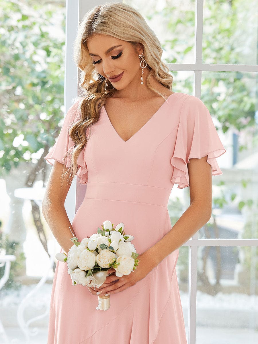 Charming Chiffon Bridesmaid Dress with Lotus Leaf Hemline #color_Pink