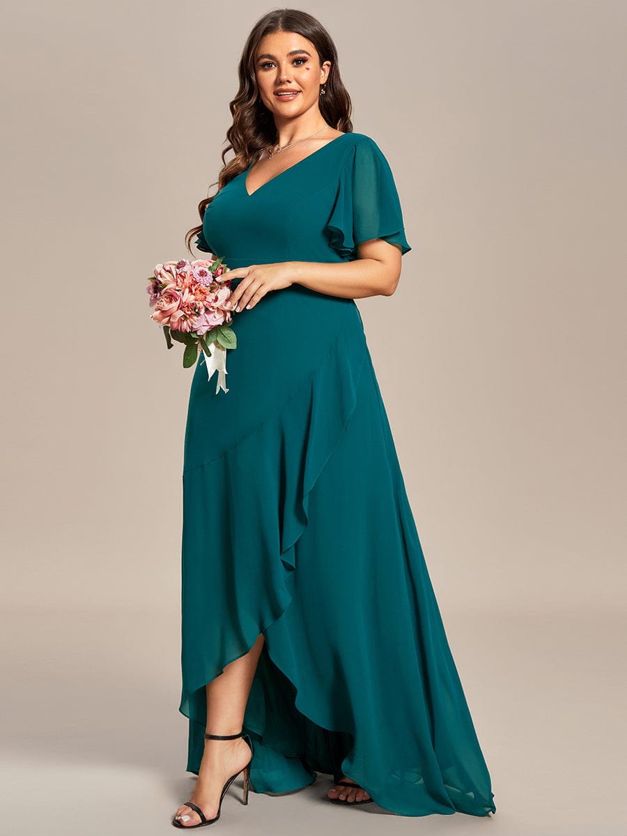 Plus Size Elegant Lotus Sleeves Chiffon Bridesmaid Dress #color_Teal