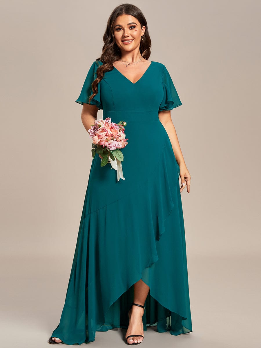 Custom Size Flowy Chiffon Ruffled Bridesmaid Dress #color_Teal