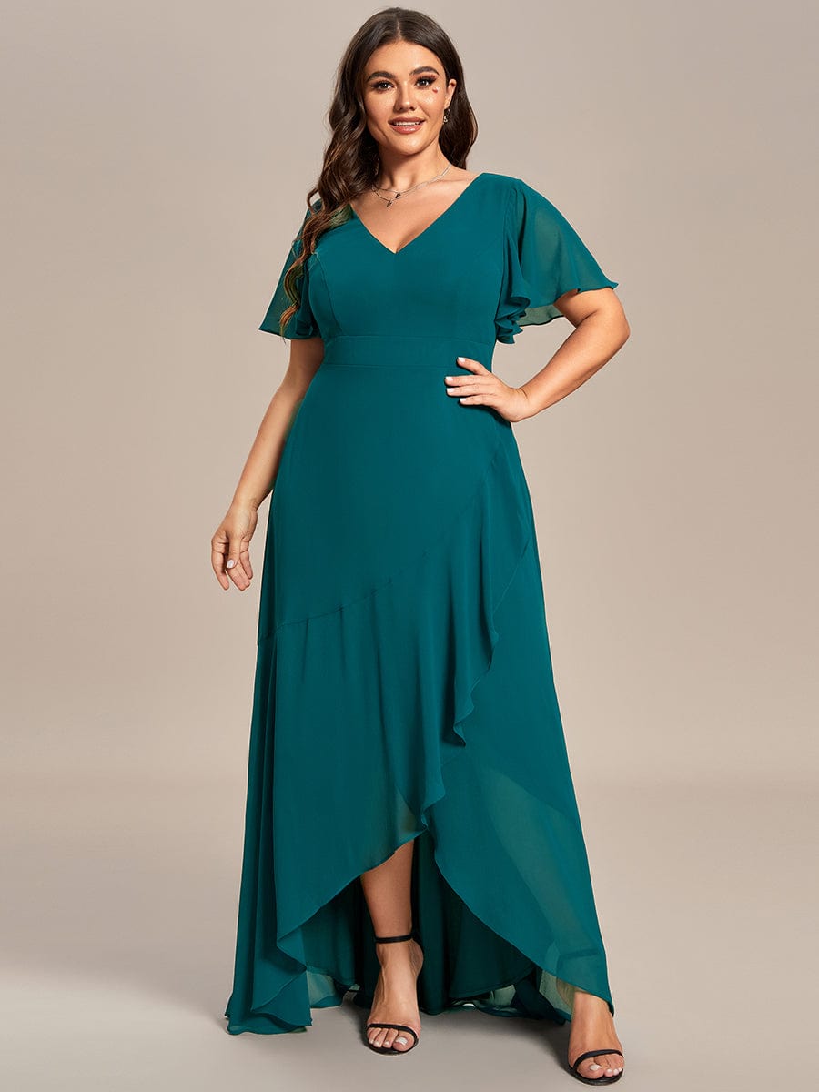 Stunning Chiffon Lotus Hemline Ruffles Sleeve Bridesmaid Dress #color_Teal