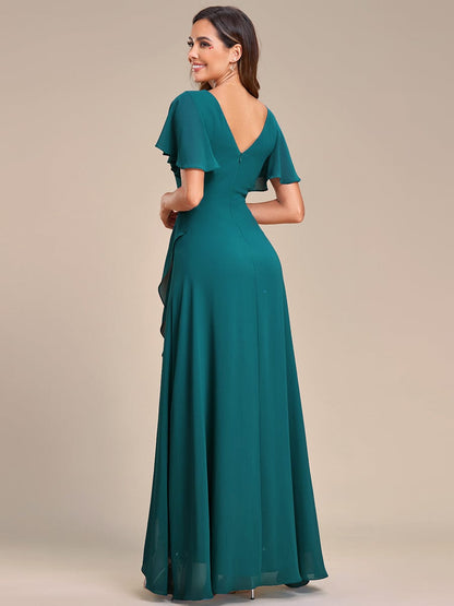 Stunning Chiffon Lotus Hemline Ruffles Sleeve Bridesmaid Dress #color_Teal