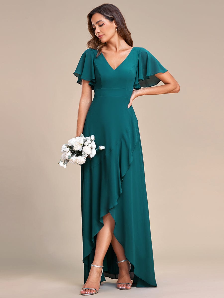 Stunning Chiffon Lotus Hemline Ruffles Sleeve Bridesmaid Dress #color_Teal