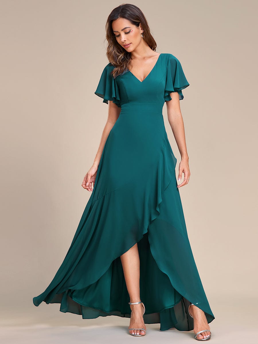 Stunning Chiffon Lotus Hemline Ruffles Sleeve Bridesmaid Dress #color_Teal