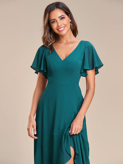 Stunning Chiffon Lotus Hemline Ruffles Sleeve Bridesmaid Dress #color_Teal