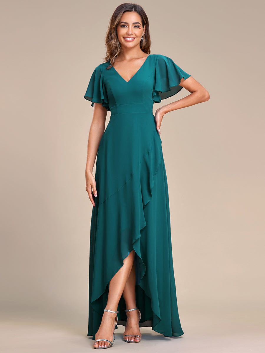 Stunning Chiffon Lotus Hemline Ruffles Sleeve Bridesmaid Dress #color_Teal