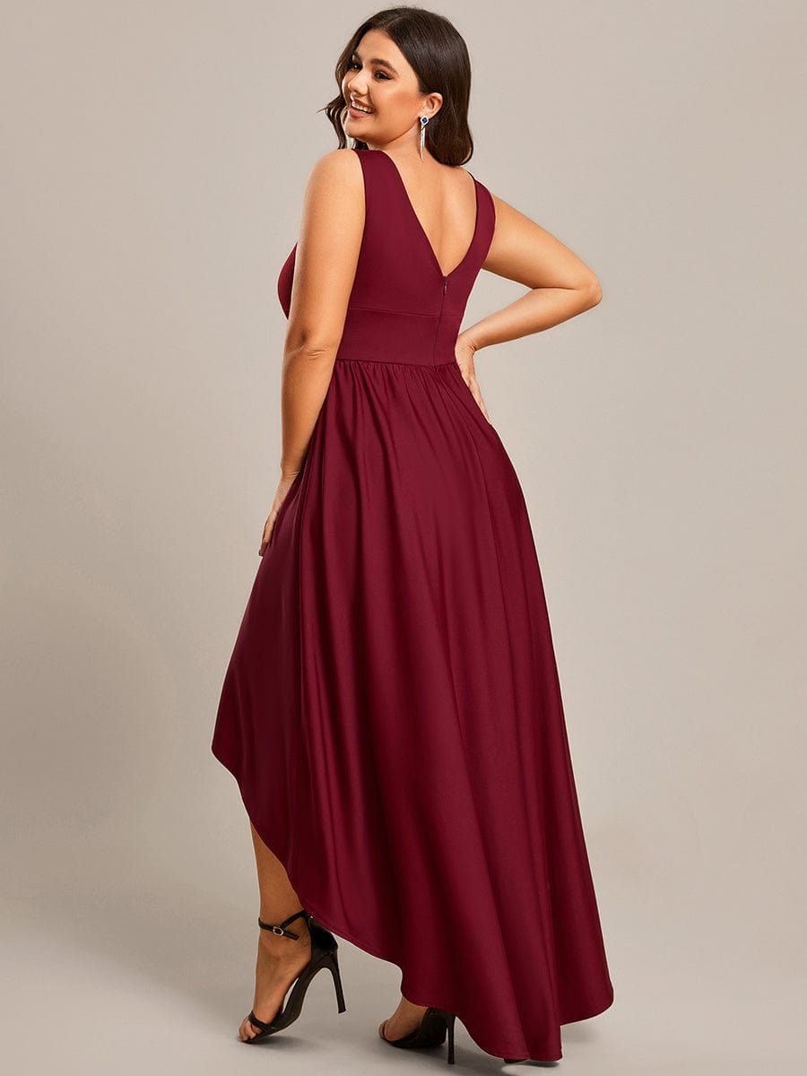 Plus Size Elegant High-Low Sleeveless Empire Waist Birdesmaid Dress #color_Burgundy