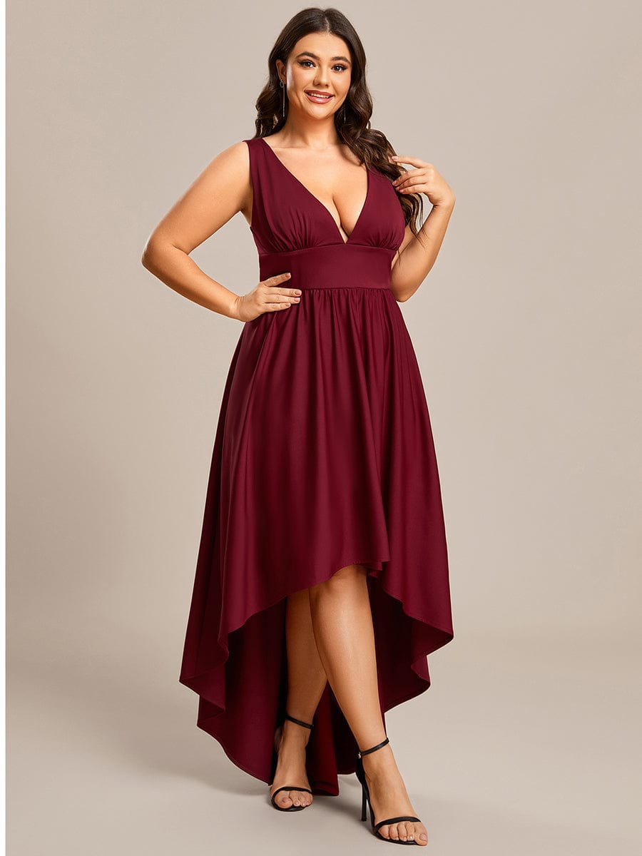 Plus Size Elegant High-Low Sleeveless Empire Waist Birdesmaid Dress #color_Burgundy