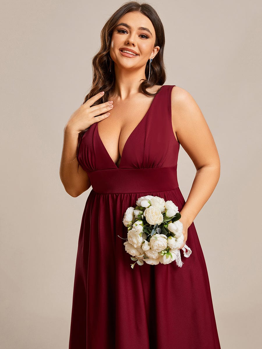 Plus Size Elegant High-Low Sleeveless Empire Waist Birdesmaid Dress #color_Burgundy