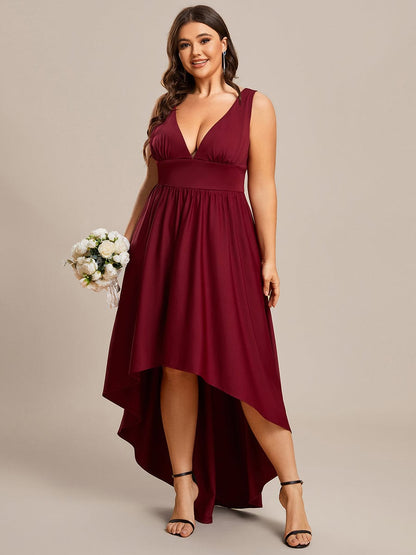 Elegant High-Low Sleeveless Empire Waist Birdesmaid Dress #color_Burgundy