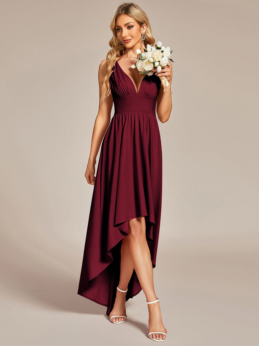 Elegant High-Low Sleeveless Empire Waist Birdesmaid Dress #color_Burgundy