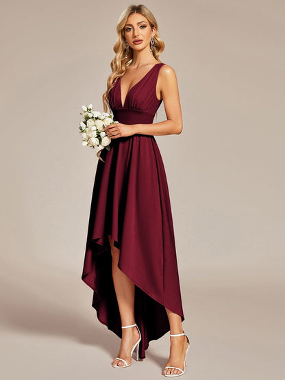 Elegant High-Low Sleeveless Empire Waist Birdesmaid Dress #color_Burgundy