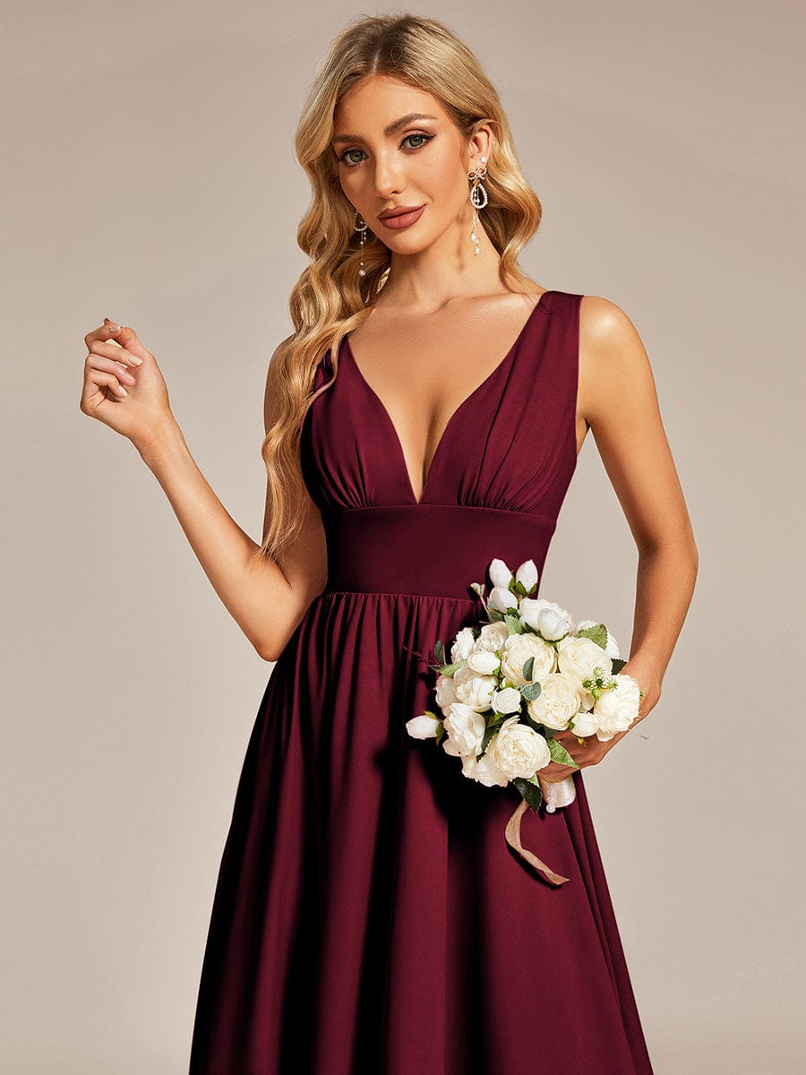 Elegant High-Low Sleeveless Empire Waist Birdesmaid Dress #color_Burgundy