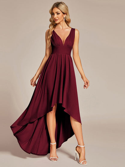 Elegant High-Low Sleeveless Empire Waist Birdesmaid Dress #color_Burgundy