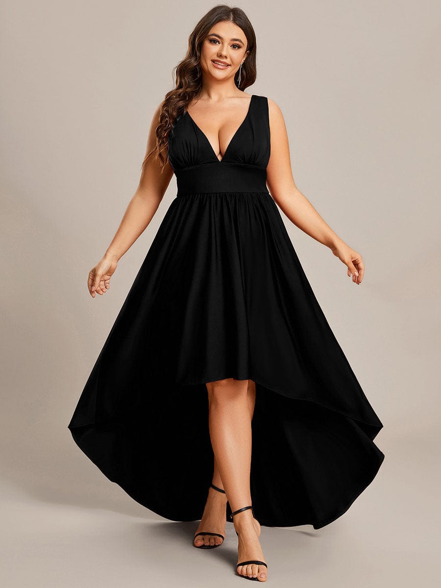 Plus Size Elegant High-Low Sleeveless Empire Waist Birdesmaid Dress #color_Black