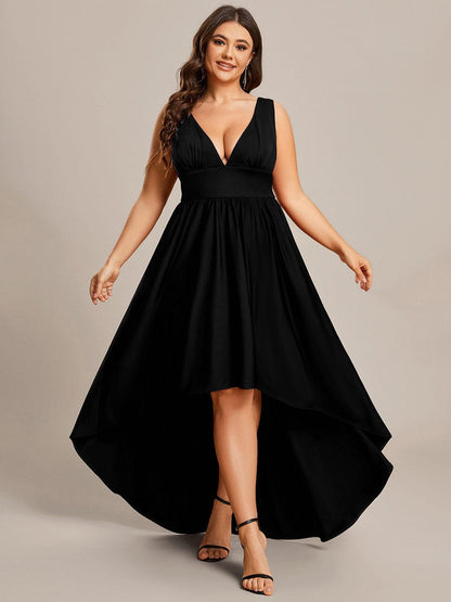 Plus Size Elegant High-Low Sleeveless Empire Waist Birdesmaid Dress #color_Black