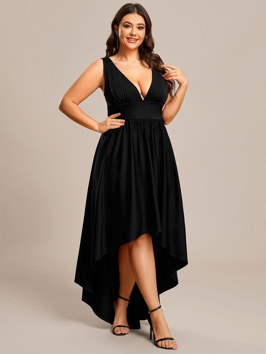 Plus Size Elegant High-Low Sleeveless Empire Waist Birdesmaid Dress #color_Black